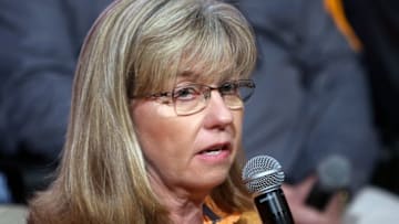 Feb 23, 2016; Knoxville, TN, USA; Tennessee Volunteers co-head softball coach Karen Weekly speaks during the joint head coach press conference at Brenda Lawson Athletic Center. Mandatory Credit: Randy Sartin-USA TODAY Sports