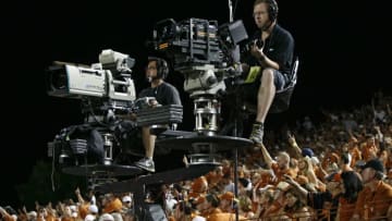 AUSTIN, TX - SEPTEMBER 10: A Video camera (L) is next to 3D camera during the NCAA football game between the Texas Longhorns and the BYU Cougars on September 10, 2011 at Darrell K. Royal-Texas Memorial Stadium in Austin, Texas for ESPN and ESPN 3D. Texas defeated BYU 17-16. (Photo by Erich Schlegel/Getty Images)