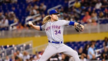 Sep 27, 2016; Miami, FL, USA; New York Mets starting pitcher Noah Syndergaard (34) throws a pitch during the first inning against Miami Marlins at Marlins Park. Mandatory Credit: Steve Mitchell-USA TODAY Sports