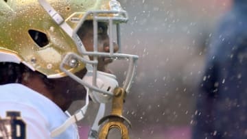 Oct 8, 2016; Raleigh, NC, USA; Notre Dame Fighting Irish running back Tarean Folston (25) warms up before the game against the North Carolina State Wolfpack at Carter-Finley Stadium. Mandatory Credit: Matt Cashore-USA TODAY Sports