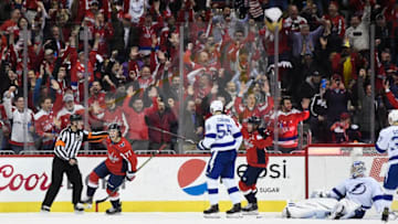WASHINGTON, DC - MARCH 20: T.J. Oshie #77 of the Washington Capitals celebrates after scoring a second period goal against the Tampa Bay Lightning at Capital One Arena on March 20, 2019 in Washington, DC. (Photo by Patrick McDermott/NHLI via Getty Images)