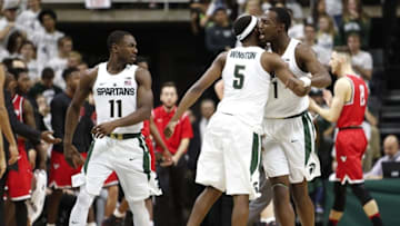 Dec 6, 2016; East Lansing, MI, USA; Michigan State Spartans guard Joshua Langford (1) celebrates with guard Cassius Winston (5) and guard Lourawls Nairn Jr. (11) during the second half against the Youngstown State Penguins at Jack Breslin Student Events Center. Spartans win 77-57. Mandatory Credit: Raj Mehta-USA TODAY Sports