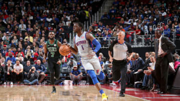DETROIT, MI - OCTOBER 27: Reggie Jackson #1 of the Detroit Pistons handles the ball against the Boston Celtics on October 27, 2018 at Little Caesars Arena in Detroit, Michigan. NOTE TO USER: User expressly acknowledges and agrees that, by downloading and/or using this photograph, user is consenting to the terms and conditions of the Getty Images License Agreement. Mandatory Copyright Notice: Copyright 2018 NBAE (Photo by Brian Sevald/NBAE via Getty Images)