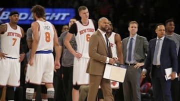 Feb 2, 2016; New York, NY, USA; New York Knicks head coach Derek Fisher reacts to being called for a technical foul during the first half of an NBA basketball game against the Boston Celtics at Madison Square Garden. Mandatory Credit: Adam Hunger-USA TODAY Sports
