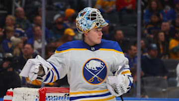 ST LOUIS, MO - JANUARY 24: Ukko-Pekka Luukkonen #1 of the Buffalo Sabres during a break in play against the St. Louis Blues at Enterprise Center on January 24, 2023 in St Louis, Missouri. (Photo by Dilip Vishwanat/Getty Images)