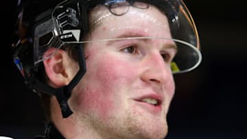 HAMILTON, ON - JANUARY 16: Captain Alexis Lafreniere #11 of Team White speaks with the media following the final whistle of the 2020 CHL/NHL Top Prospects Game against Team Red at FirstOntario Centre on January 16, 2020 in Hamilton, Canada. (Photo by Vaughn Ridley/Getty Images)