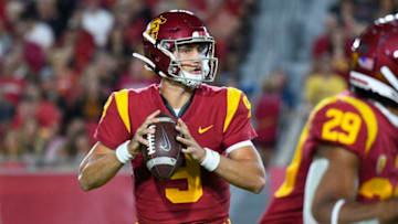 LOS ANGELES, CA - SEPTEMBER 07: USC (9) Kedon Slovis (QB) drops back to pass during college football game between the Stanford Cardinal and the USC Trojans on September 7, 2019, at Los Angeles Memorial Coliseum in Los Angeles, CA. (Photo by Brian Rothmuller/Icon Sportswire via Getty Images)