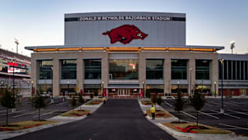 FAYETTEVILLE, AR - OCTOBER 27: New front entrance to Donald W. Reynolds Razorback Stadium of the Arkansas Razorbacks before a game against the Vanderbilt Commodores at Razorback Stadium on October 27, 2018 in Fayetteville, Arkansas. The Commodores defeated the Razorbacks 45-31. (Photo by Wesley Hitt/Getty Images)