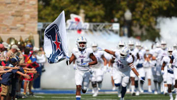 TULSA OK - SEPTEMBER 09: Tulsa Golden Hurricane WR Josh Stewart (1) leads his team onto the field before a game between the Louisiana Ragin' Cajuns and the Tulsa Golden Hurricane at Chapman Stadium in Tulsa, OK, on September 9, 2017. (Photo by David Stacy/Icon Sportswire via Getty Images)