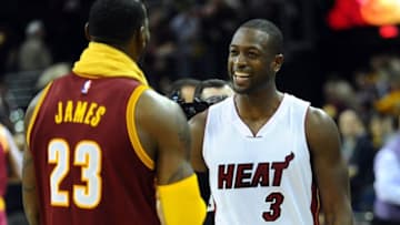 Oct 30, 2015; Cleveland, OH, USA; Miami Heat guard Dwyane Wade (3) talks with Cleveland Cavaliers forward LeBron James (23) after the game at Quicken Loans Arena. The Cavs beat the Heat 102-92. Mandatory Credit: Ken Blaze-USA TODAY Sports