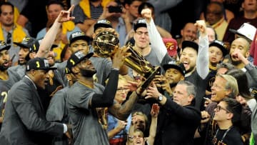 Jun 19, 2016; Oakland, CA, USA; Cleveland Cavaliers forward LeBron James (23) celebrates with Larry O