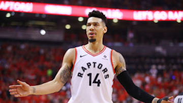 TORONTO, ONTARIO - JUNE 10: Danny Green #14 of the Toronto Raptors reacts against the Golden State Warriors in the first half during Game Five of the 2019 NBA Finals at Scotiabank Arena on June 10, 2019 in Toronto, Canada. NOTE TO USER: User expressly acknowledges and agrees that, by downloading and or using this photograph, User is consenting to the terms and conditions of the Getty Images License Agreement. (Photo by Gregory Shamus/Getty Images)