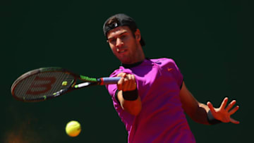 MONTE-CARLO, MONACO - APRIL 18: Karen Khachanov of Russia plays a forehand against Nicolas Mahut of France in his first round match on day three of the Monte Carlo Rolex Masters at Monte-Carlo Sporting Club on April 18, 2017 in Monte-Carlo, Monaco. (Photo by Clive Brunskill/Getty Images)