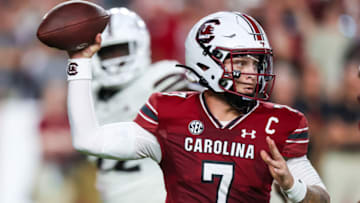 Sep 23, 2023; Columbia, South Carolina, USA; South Carolina Gamecocks quarterback Spencer Rattler (7) passes against the Mississippi State Bulldogs in the second quarter at Williams-Brice Stadium. Mandatory Credit: Jeff Blake-USA TODAY Sports