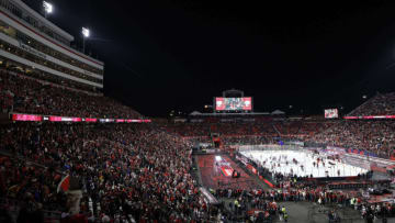 Feb 18, 2023; Raleigh, North Carolina, USA; Washington Capitals and Carolina Hurricanes players participate in warmups prior to their game in the 2023 Stadium Series ice hockey game at Carter-Finley Stadium. Mandatory Credit: Geoff Burke-USA TODAY Sports