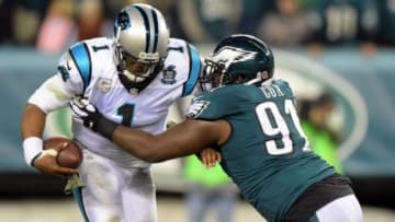 Nov 10, 2014; Philadelphia, PA, USA; Philadelphia Eagles defensive end Fletcher Cox (91) sacks Carolina Panthers quarterback Cam Newton (1) at Lincoln Financial Field. Mandatory Credit: Kirby Lee-USA TODAY Sports