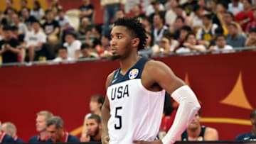 SHANGHAI, CHINA - SEPTEMBER 5: Donovan Mitchell #5 of USA looks on during the game against Japan during the First Round of the 2019 FIBA Basketball World Cup on September 5, 2019 at the Shanghai Oriental Sports Center in Shanghai, China. NOTE TO USER: User expressly acknowledges and agrees that, by downloading and/or using this photograph, user is consenting to the terms and conditions of the Getty Images License Agreement. Mandatory Copyright Notice: Copyright 2019 NBAE (Photo by David Dow/NBAE via Getty Images)