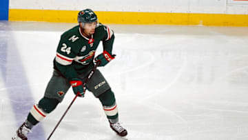 ST. PAUL, MN - NOVEMBER 15: Matt Dumba #24 of the Minnesota Wild controls the puck during a game with the Vancouver Canucks at Xcel Energy Center on November 15, 2018 in St. Paul, Minnesota.(Photo by Bruce Kluckhohn/NHLI via Getty Images)