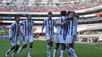 Pachuca player celebrate after Nocolás Ibáñez scored against America in the Tuzos' 3-1 win over the Aguilas. (Photo by CLAUDIO CRUZ/AFP via Getty Images)
