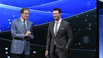 NEW YORK - MAY 17: CBS announces their new fall schedule. (Jeffrey R. Staab/CBS via Getty Images) *** CBS presented its 2017-18 prime time schedule today (May 17) at Carnegie Hall, followed by a star studded party at The Plaza Hotel in New York City. An array of the Network's new and returning series stars attended both events. Pictured L-R: Jim Nantz, CBS Sports Lead Play-by-Play Announcer, The NFL on CBS, Thursday Night Football, NCAA basketball, Golf and Tony Romo, Lead NFL Game Analyst, The NFL on CBS, Thursday Night Football *** Jim Nantz;Tony Romo