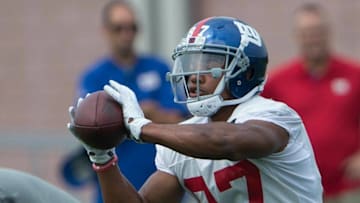 Jul 30, 2016; East Rutherford, NJ, USA; New York Giants wide receiver Sterling Shepard (87) catches the ball at Quest Diagnostics Training Center. Mandatory Credit: William Hauser-USA TODAY Sports