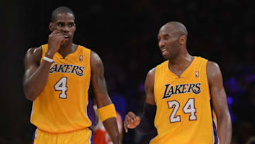 LOS ANGELES, CA - JANUARY 15: Kobe Bryant #24 of the Los Angeles Lakers and Antawn Jamison #4 discuss play after a timeout during a 104-88 win over the Milwaukee Bucks at Staples Center on January 15, 2013 in Los Angeles, California. NOTE TO USER: User expressly acknowledges and agrees that, by downloading and or using this photograph, User is consenting to the terms and conditions of the Getty Images License Agreement. (Photo by Harry How/Getty Images)