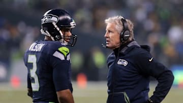 Nov 29, 2015; Seattle, WA, USA; Seattle Seahawks quarterback Russell Wilson (3) and Seattle Seahawks head coach Pete Carroll talk before the final minutes of the game against the Pittsburgh Steelers at CenturyLink Field. Mandatory Credit: Scott Olmos-USA TODAY Sports