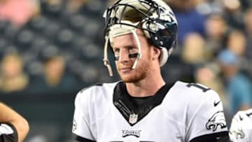 Aug 11, 2016; Philadelphia, PA, USA; Philadelphia Eagles quarterback Carson Wentz (11) during a timeout on the field during the fourth quarter against the Tampa Bay Buccaneers at Lincoln Financial Field. The Eagles defeated the Buccaneers, 17-9. Mandatory Credit: Eric Hartline-USA TODAY Sports