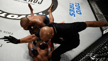 LAS VEGAS, NV - AUGUST 08: Michael Rodriguez (top) knocks out Jamelle Jones in their light heavyweight bout during Dana White's Tuesday Night Contender Series at the TUF Gym on August 8, 2017 in Las Vegas, Nevada. (Photo by Brandon Magnus/DWTNCS)