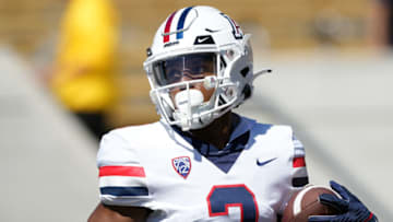 Sep 24, 2022; Berkeley, California, USA; Arizona Wildcats wide receiver Jacob Cowing (2) warms up before the game against the California Golden Bears at FTX Field at California Memorial Stadium. Mandatory Credit: Darren Yamashita-USA TODAY Sports