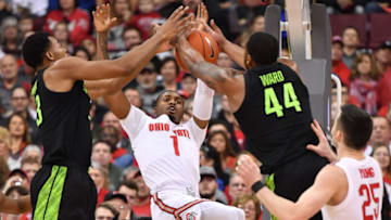 COLUMBUS, OH - JANUARY 5: Luther Muhammad #1 of the Ohio State Buckeyes battles for a rebound with Xavier Tillman #23 of the Michigan State Spartans and Nick Ward #44 of the Michigan State Spartans in the second half on January 5, 2019 at Value City Arena in Columbus, Ohio. Michigan State defeated Ohio State 86-77. (Photo by Jamie Sabau/Getty Images)