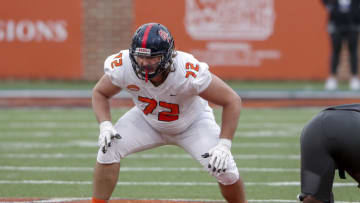MOBILE, AL - JANUARY 30: Offensive Lineman Royce Newman #72 from Mississippi of the American Team during the 2021 Resse's Senior Bowl at Hancock Whitney Stadium on the campus of the University of South Alabama on January 30, 2021 in Mobile, Alabama. The National Team defeated the American Team 27-24. (Photo by Don Juan Moore/Getty Images)