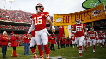 KANSAS CITY, MISSOURI - DECEMBER 30: Quarterback Patrick Mahomes #15 of the Kansas City Chiefs during player introductions prior to the game against the Oakland Raiders at Arrowhead Stadium on December 30, 2018 in Kansas City, Missouri. (Photo by Jamie Squire/Getty Images)