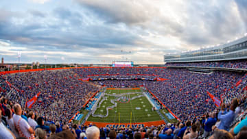 GAINESVILLE, FLORIDA - SEPTEMBER 25: A general view of Ben Hill Griffin Stadium as US Military Helicopters perform a flyover before the start of a game between the Florida Gators and the Tennessee Volunteers on September 25, 2021 in Gainesville, Florida. (Photo by James Gilbert/Getty Images)