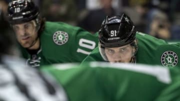 Jan 21, 2016; Dallas, TX, USA; Dallas Stars center Tyler Seguin (91) waits for play to resume against the Edmonton Oilers during the first period at the American Airlines Center. Mandatory Credit: Jerome Miron-USA TODAY Sports