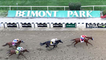 St. John's University alum John Imbriale returned to Belmont Park to call horse races for the New York Racing Association (Photo by Al Bello/Getty Images)
