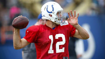 Aug 4, 2016; Anderson, IN, USA; Indianapolis Colts quarterback Andrew Luck (12) launches a pass during the Indianapolis Colts NFL training camp at Anderson University. Mandatory Credit: Mykal McEldowney/Indy Star via USA TODAY NETWORK