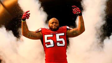 ATLANTA, GA - JANUARY 20: Defensive end John Abraham #55 of the Atlanta Falcons is introduced before the Falcons take on the San Francisco 49ers in the NFC Championship game at the Georgia Dome on January 20, 2013 in Atlanta, Georgia. (Photo by Kevin C. Cox/Getty Images)
