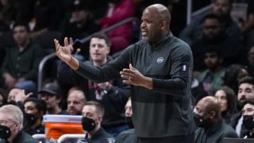 Dec 10, 2021; Atlanta, Georgia, USA; Atlanta Hawks head coach Nate McMillan reacts in the second half against the Brooklyn Nets at State Farm Arena. Mandatory Credit: Dale Zanine-USA TODAY Sports