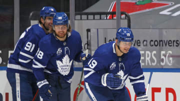 TORONTO, ON - FEBRUARY 4: Jason Spezza #19 of the Toronto Maple Leafs celebrates his 3rd goal of the game against the Vancouver Canucks during an NHL game at Scotiabank Arena on February 4, 2021 in Toronto, Ontario, Canada. The Maple Leafs defeated the Canucks 7-3.(Photo by Claus Andersen/Getty Images)