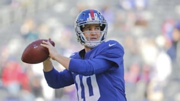 Jan 3, 2016; East Rutherford, NJ, USA; New York Giants quarterback Eli Manning (10) prior to the game against the Philadelphia Eagles at MetLife Stadium. Mandatory Credit: Jim O