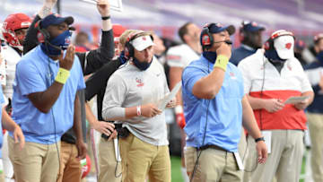 Oct 17, 2020; Syracuse, NY, USA; Liberty coach Hugh Freeze (middle) in the second half during a game against Syracuse on Saturday, Oct. 17, 2020, at the Carrier Dome in Syracuse, N.Y. Mandatory Credit: Dennis Nett/Pool Photo-USA TODAY Sports