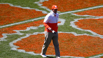 CLEMSON, SC - APRIL 03: Head coach Dabo Swinney of the Clemson Tigers watches on during the second half of the Clemson Orange and White Spring Game at Memorial Stadium on April 3, 2021 in Clemson, South Carolina. (Photo by Todd Kirkland/Getty Images)