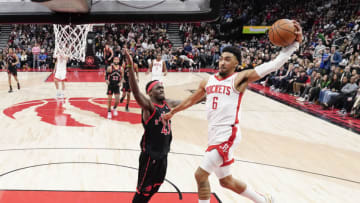 TORONTO, ON - APRIL 8: Kenyon Martin Jr. #6 of the Houston Rockets goes to the basket against Pascal Siakam #43 of the Toronto Raptors (Photo by Mark Blinch/Getty Images)