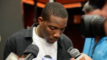 Apr 14, 2014; Phoenix, AZ, USA; Phoenix Suns guard Eric Bledsoe (2) answers questions after facing the Memphis Grizzlies at US Airways Center. The Grizzlies won 97-91. Mandatory Credit: Joe Camporeale-USA TODAY Sports