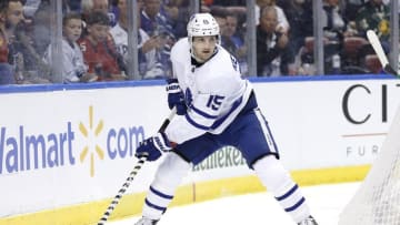 SUNRISE, FLORIDA - FEBRUARY 27: Alexander Kerfoot #15 of the Toronto Maple Leafs skates with the puck against the Florida Panthers during the first period at BB&T Center on February 27, 2020 in Sunrise, Florida. (Photo by Michael Reaves/Getty Images)