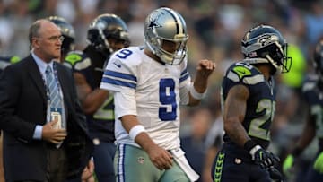 Aug 25, 2016; Seattle, WA, USA; Dallas Cowboys quarterback Tony Romo (9) walks off the field after suffering a back injury during a NFL football game against the Seattle Seahawks at CenturyLink Field. The Seahawks defeated the Cowboys 27-17. Mandatory Credit: Kirby Lee-USA TODAY Sports