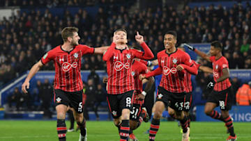 LEICESTER, ENGLAND - NOVEMBER 27: Steven Davis of Southampton (8) celebrates, but the goal is disallowed during the Carabao Cup Fourth Round match between Leicester City and Southampton at The King Power Stadium on November 27, 2018 in Leicester, England. (Photo by Ross Kinnaird/Getty Images)