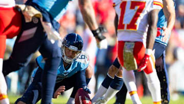 NASHVILLE, TN - NOVEMBER 10: Brett Kern #6 of the Tennessee Titans holds as Ryan Succop #4 kicks a point after try during the third quarter against the Kansas City Chiefs at Nissan Stadium on November 10, 2019 in Nashville, Tennessee. Tennessee defeats Kansas City 35-32. (Photo by Brett Carlsen/Getty Images)