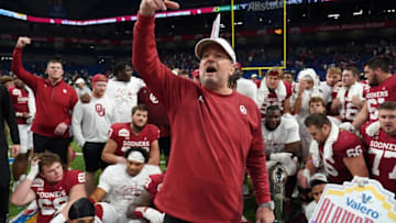 Dec 29, 2021; San Antonio, Texas, USA; Oklahoma Sooners head coach Bob Stoops celebrates after the 2021 Alamo Bowl against the Oregon Ducks at Alamodome. Mandatory Credit: Kirby Lee-USA TODAY Sports